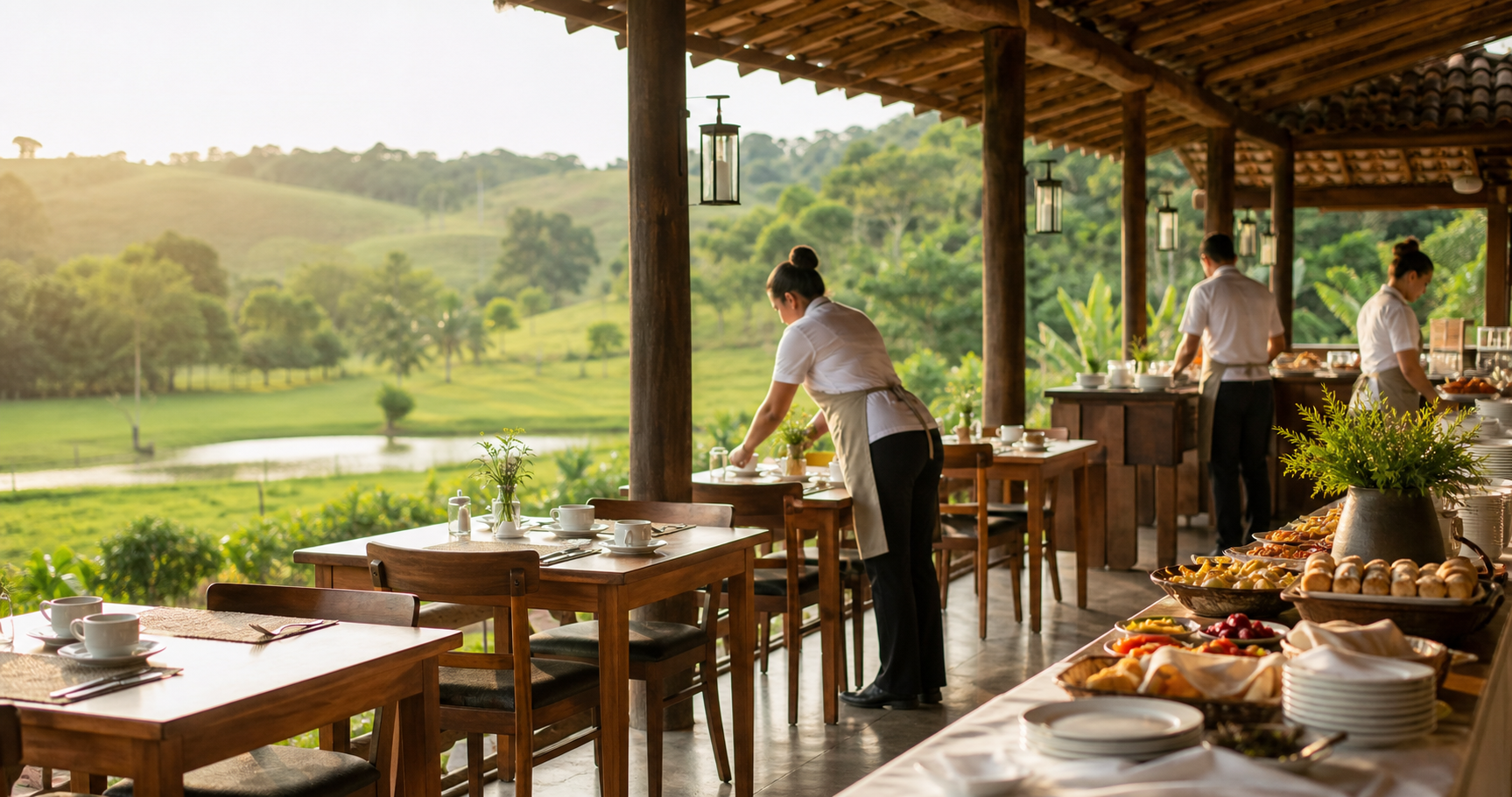 Equipe preparando restaurante de hotel fazenda
